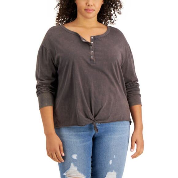 Rebellious One Ladies Charcoal Gray Twist Front Quarter Button Up Top, Size 3X - Picture 1 of 5